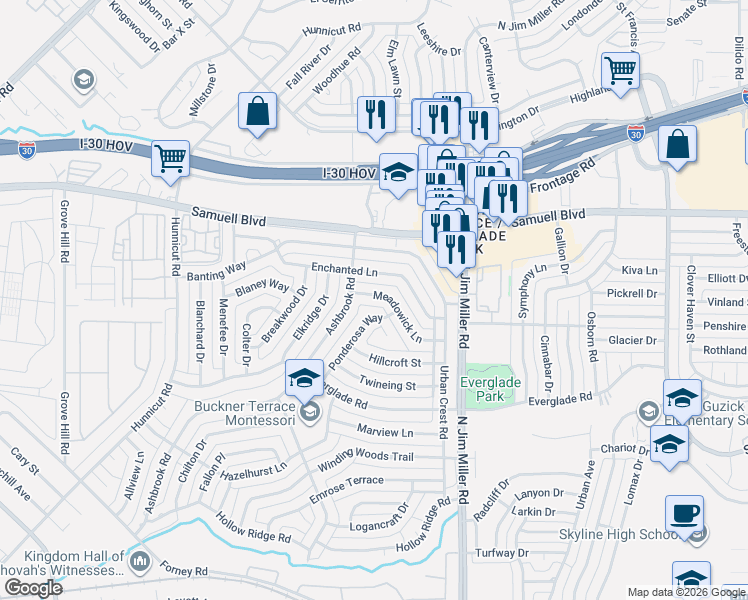map of restaurants, bars, coffee shops, grocery stores, and more near 5641 Meadowick Lane in Dallas