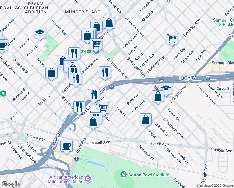 map of restaurants, bars, coffee shops, grocery stores, and more near 4717 Garland Avenue in Dallas