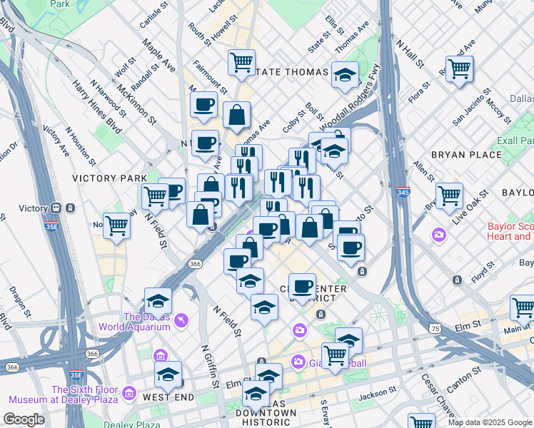 map of restaurants, bars, coffee shops, grocery stores, and more near 1900 North Pearl Street in Dallas
