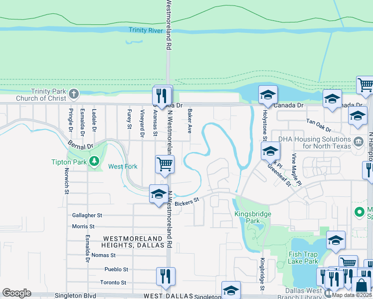 map of restaurants, bars, coffee shops, grocery stores, and more near 3200 Angelina Drive in Dallas