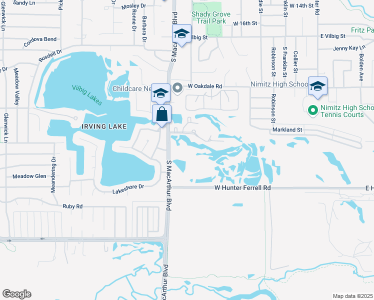 map of restaurants, bars, coffee shops, grocery stores, and more near 2800 South Macarthur Boulevard in Irving