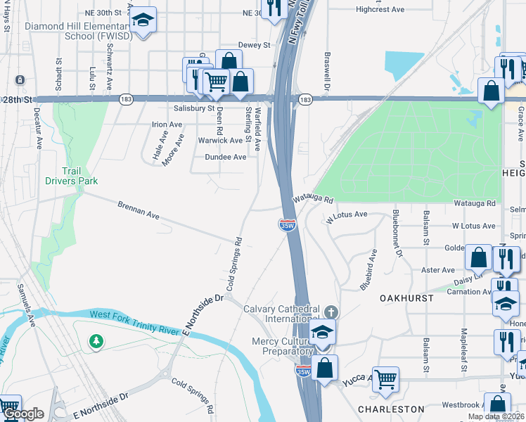 map of restaurants, bars, coffee shops, grocery stores, and more near 2600 Cold Springs Road in Fort Worth