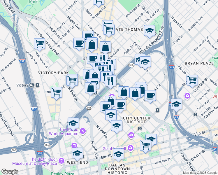 map of restaurants, bars, coffee shops, grocery stores, and more near 2012 Woodall Rodgers Freeway in Dallas