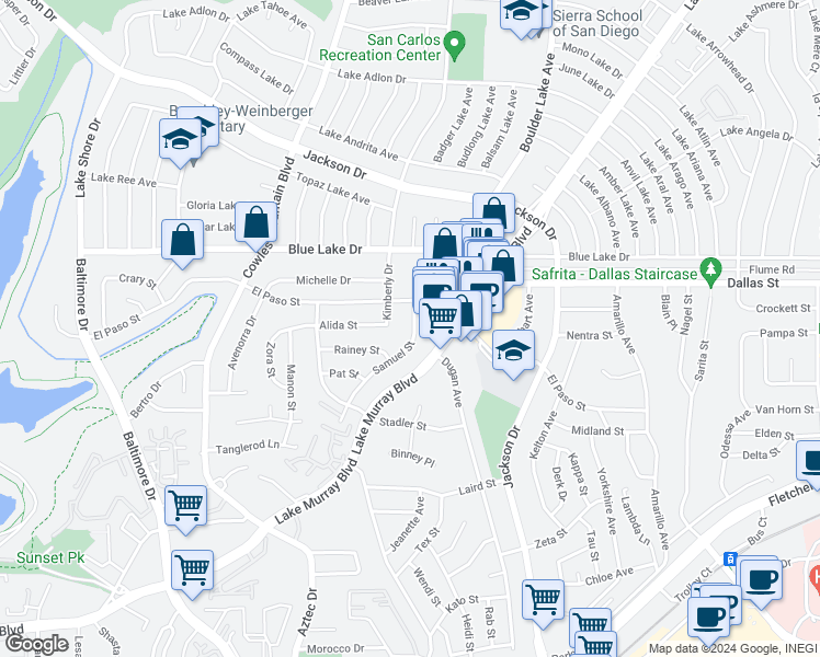 map of restaurants, bars, coffee shops, grocery stores, and more near 6090 Samuel Street in La Mesa