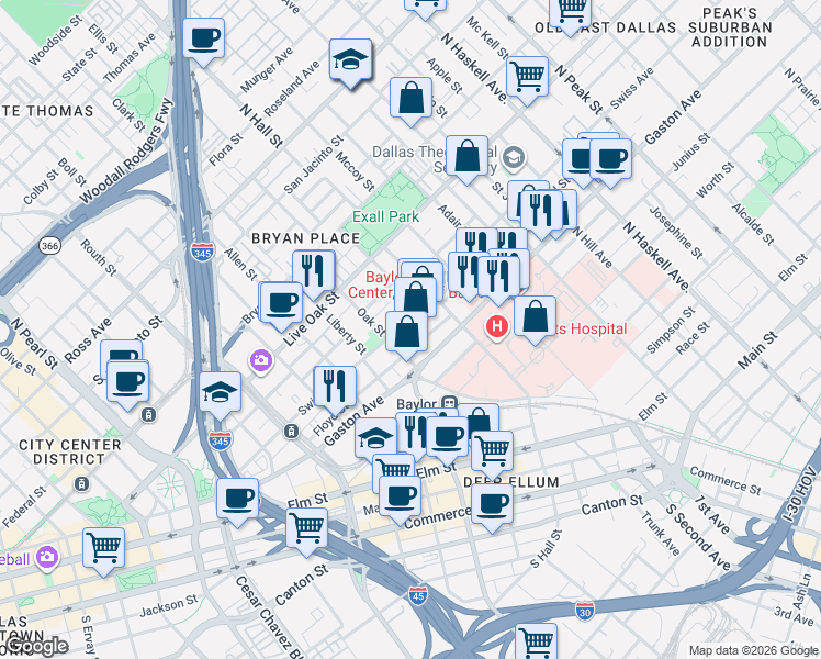 map of restaurants, bars, coffee shops, grocery stores, and more near 3109 Swiss Avenue in Dallas