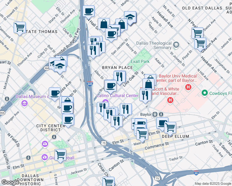 map of restaurants, bars, coffee shops, grocery stores, and more near 2811 Live Oak Street in Dallas