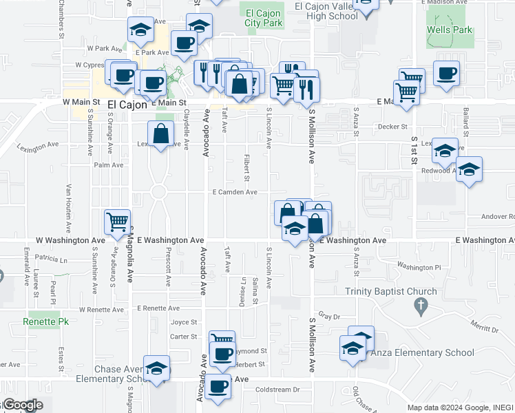 map of restaurants, bars, coffee shops, grocery stores, and more near 508 East Camden Avenue in El Cajon