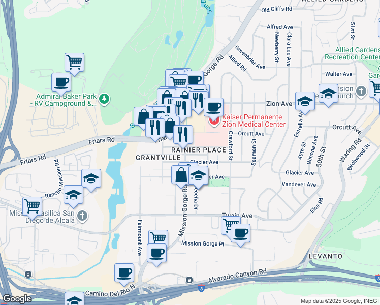 map of restaurants, bars, coffee shops, grocery stores, and more near 6401 Mission Gorge Road in San Diego