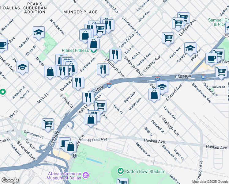 map of restaurants, bars, coffee shops, grocery stores, and more near 4717 Garland Avenue in Dallas