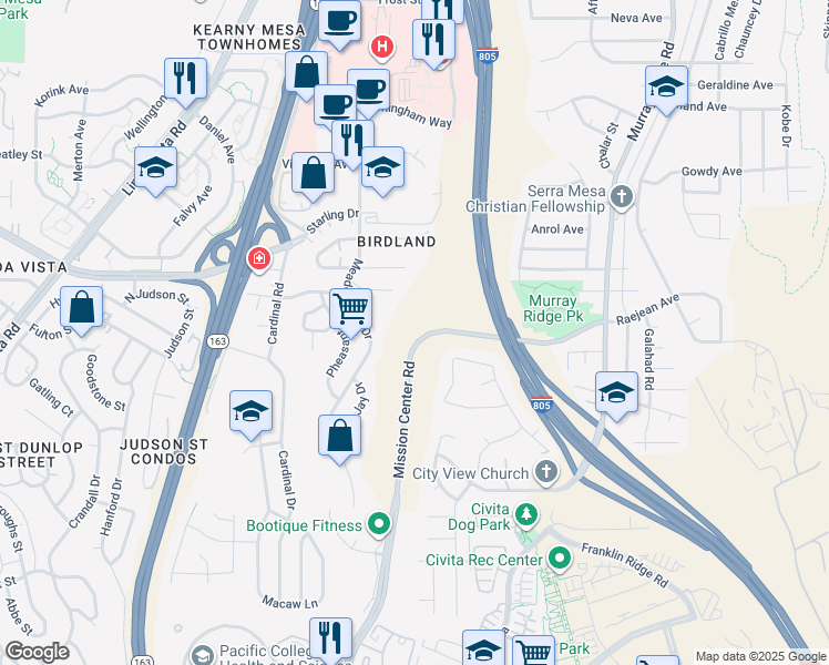 map of restaurants, bars, coffee shops, grocery stores, and more near 7968 Mission Center Road in San Diego