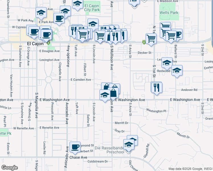 map of restaurants, bars, coffee shops, grocery stores, and more near 606 South Mollison Avenue in El Cajon