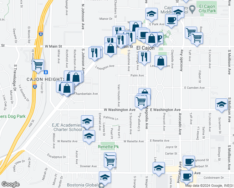 map of restaurants, bars, coffee shops, grocery stores, and more near 558 Van Houten Avenue in El Cajon