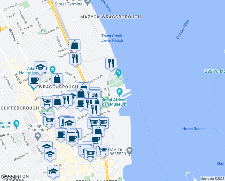 map of restaurants, bars, coffee shops, grocery stores, and more near 330 Concord Street in Charleston