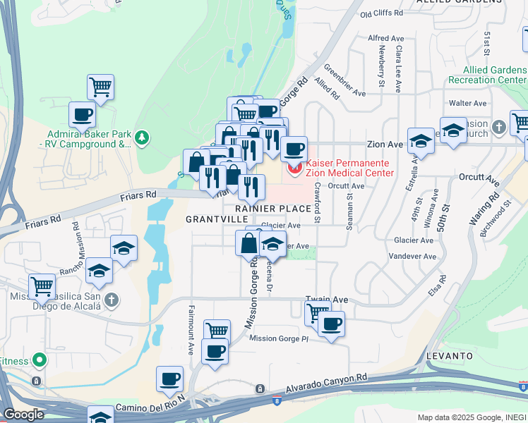 map of restaurants, bars, coffee shops, grocery stores, and more near 6401 Mission Gorge Road in San Diego
