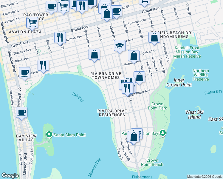 map of restaurants, bars, coffee shops, grocery stores, and more near 3892 Roosevelt Avenue in San Diego
