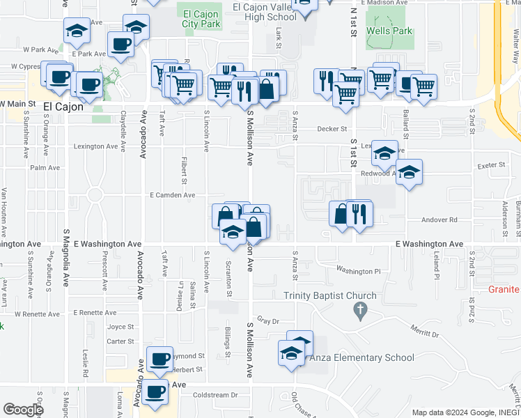 map of restaurants, bars, coffee shops, grocery stores, and more near 605 South Mollison Avenue in El Cajon