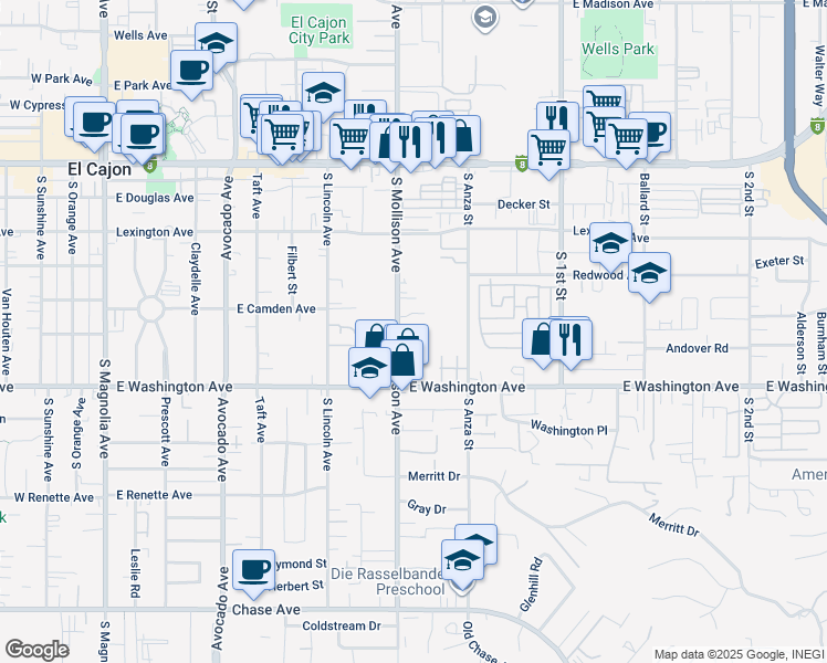 map of restaurants, bars, coffee shops, grocery stores, and more near in El Cajon