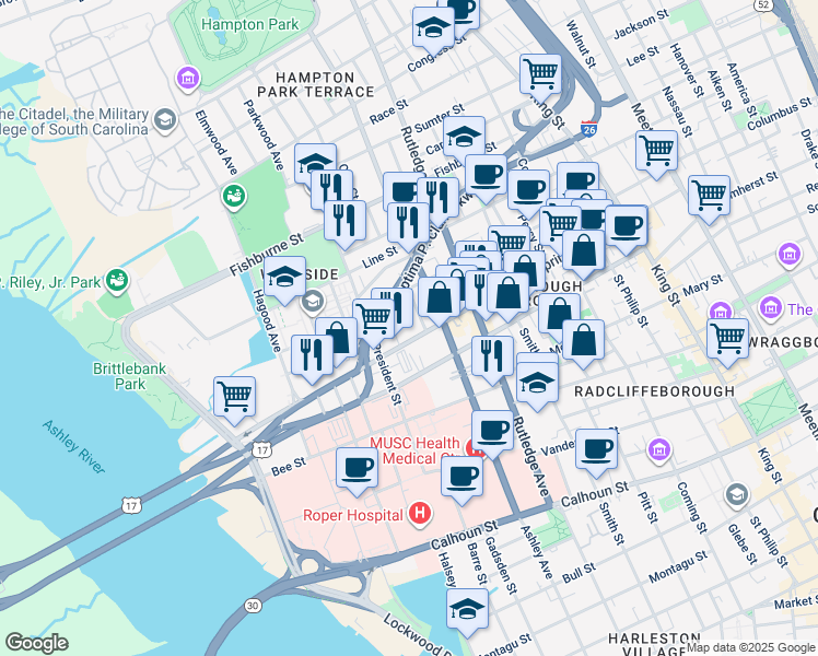 map of restaurants, bars, coffee shops, grocery stores, and more near 6 Rosemont Street in Charleston