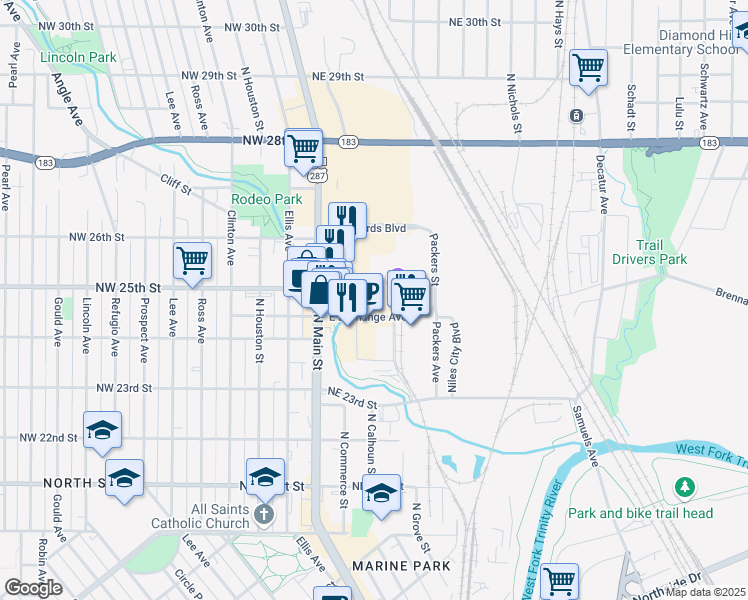 map of restaurants, bars, coffee shops, grocery stores, and more near 131 East Exchange Avenue in Fort Worth