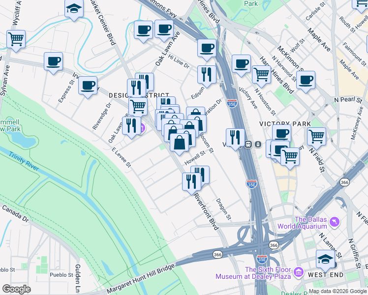 map of restaurants, bars, coffee shops, grocery stores, and more near 1303 Dragon Street in Dallas