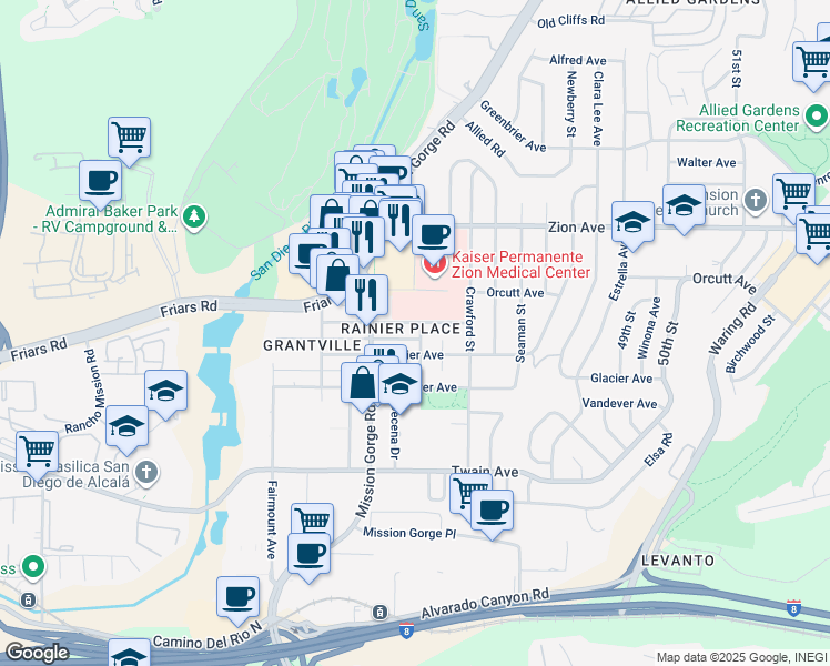 map of restaurants, bars, coffee shops, grocery stores, and more near 6352 Holabird Street in San Diego