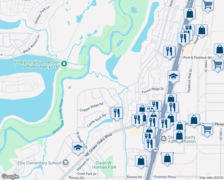 map of restaurants, bars, coffee shops, grocery stores, and more near 2428 River Rock Circle in Arlington