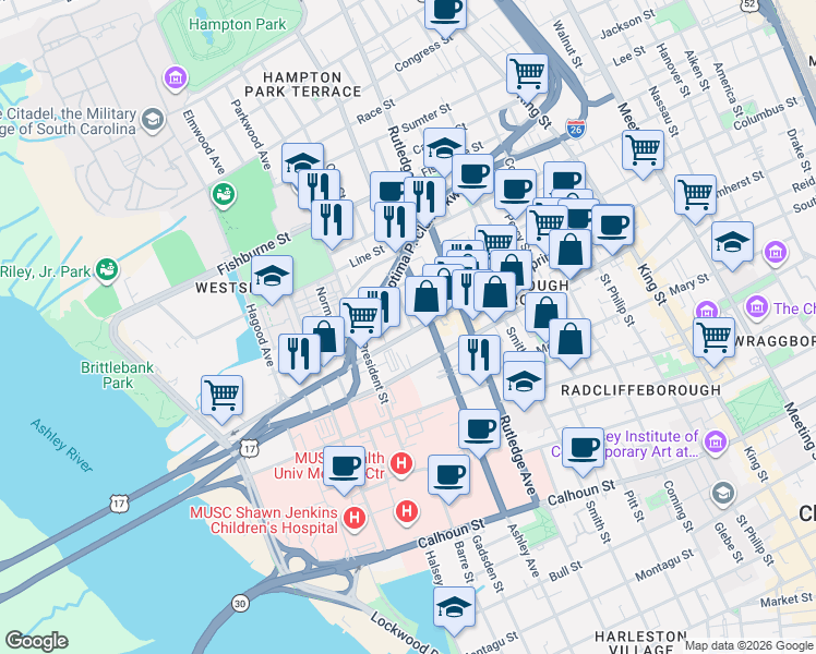 map of restaurants, bars, coffee shops, grocery stores, and more near 6 Rosemont Street in Charleston
