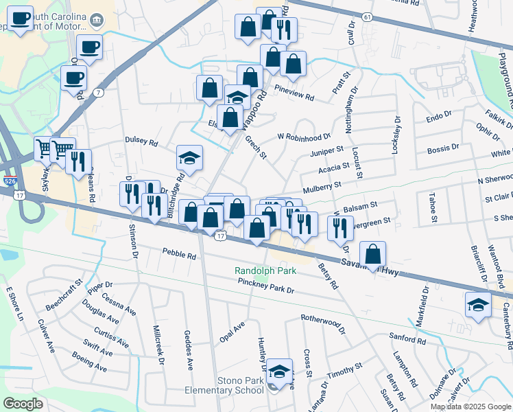 map of restaurants, bars, coffee shops, grocery stores, and more near 1677 Mulberry Street in Charleston