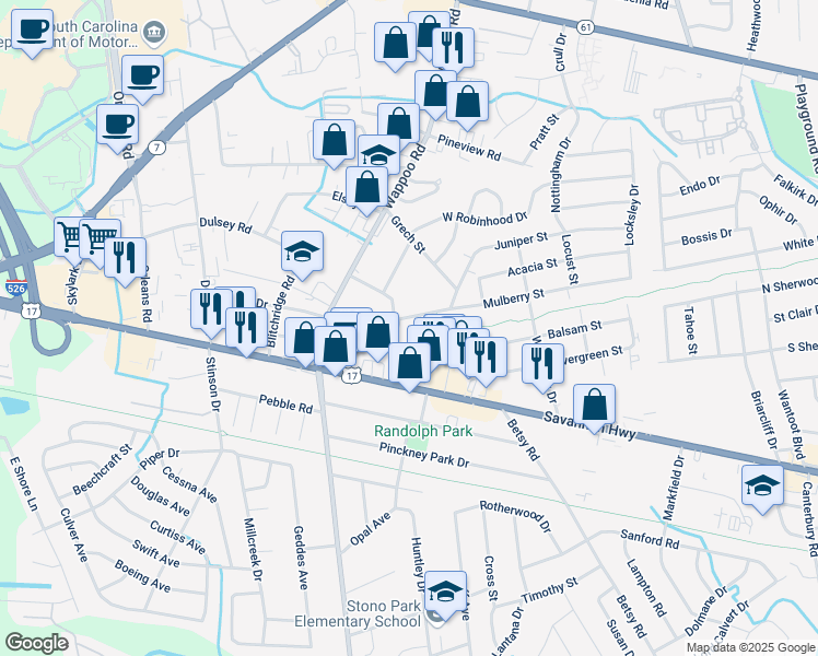 map of restaurants, bars, coffee shops, grocery stores, and more near 1683 Mulberry Street in Charleston