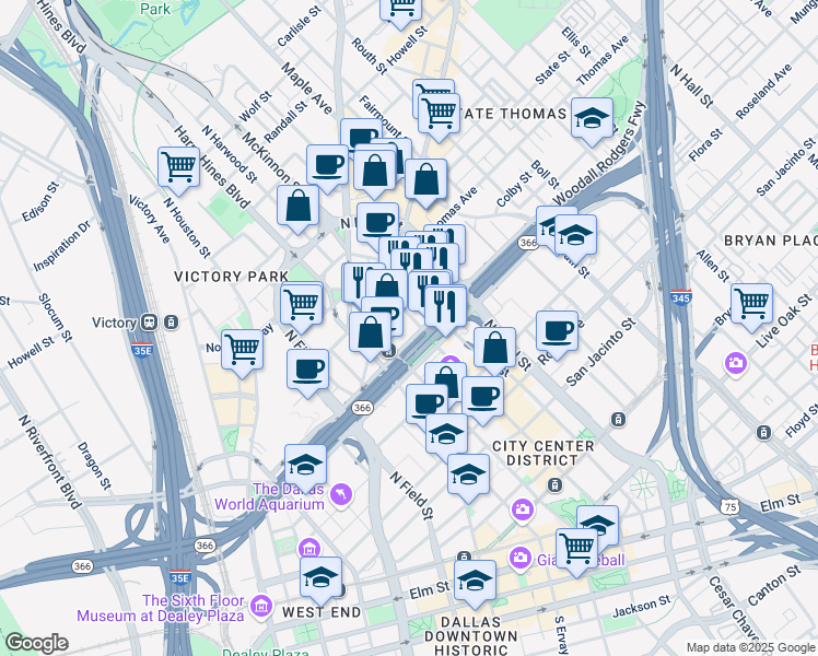 map of restaurants, bars, coffee shops, grocery stores, and more near 2121 North Harwood Street in Dallas