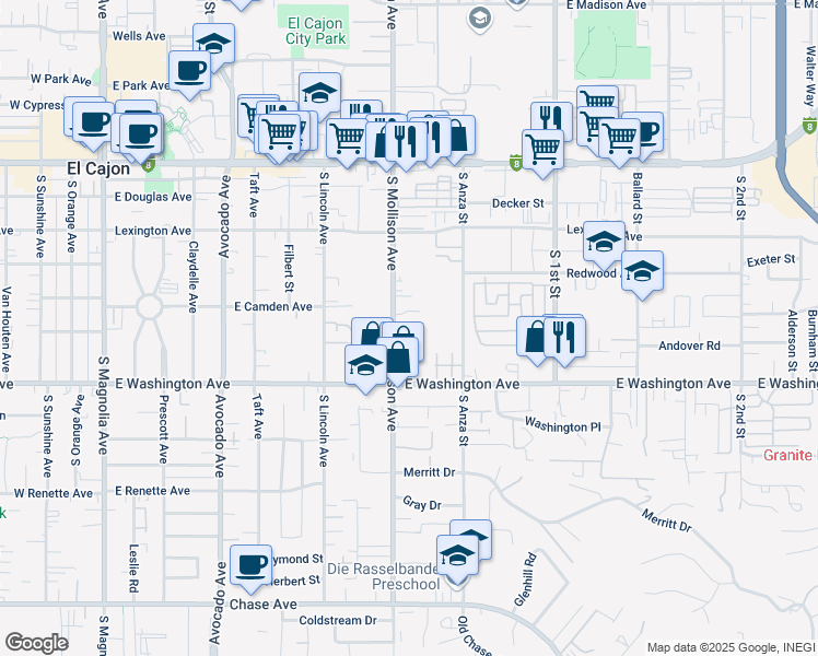 map of restaurants, bars, coffee shops, grocery stores, and more near 565 South Mollison Avenue in El Cajon