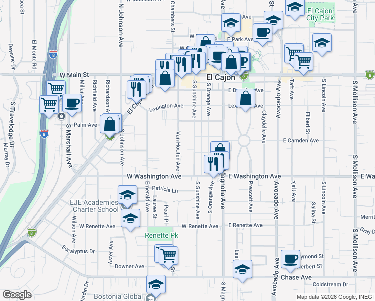 map of restaurants, bars, coffee shops, grocery stores, and more near 564 South Sunshine Avenue in El Cajon
