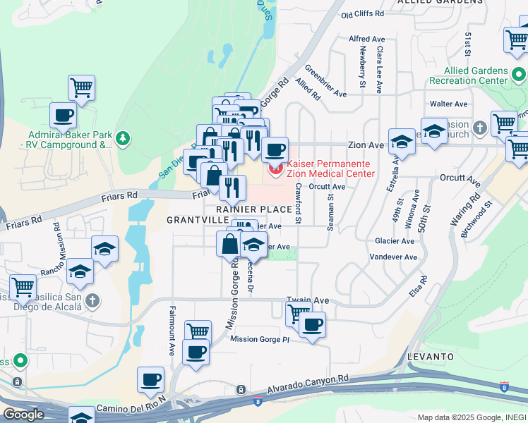map of restaurants, bars, coffee shops, grocery stores, and more near 6352 Holabird Street in San Diego