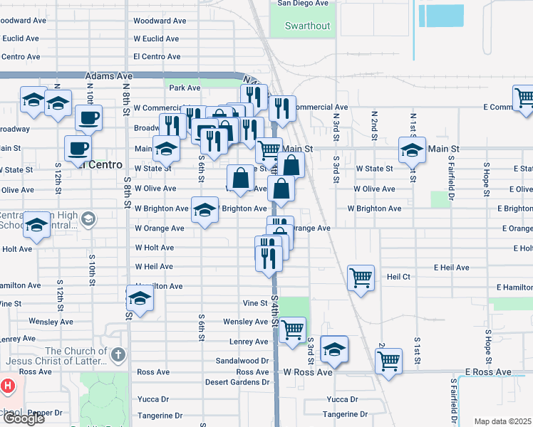 map of restaurants, bars, coffee shops, grocery stores, and more near 315 California 86 in El Centro