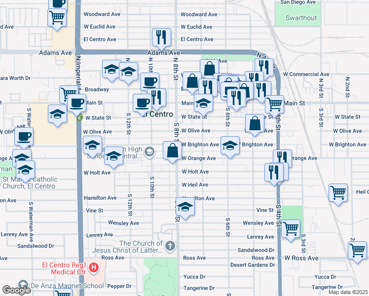 map of restaurants, bars, coffee shops, grocery stores, and more near 752 West Brighton Avenue in El Centro