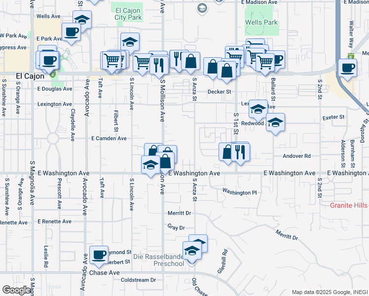 map of restaurants, bars, coffee shops, grocery stores, and more near 588 South Anza Street in El Cajon