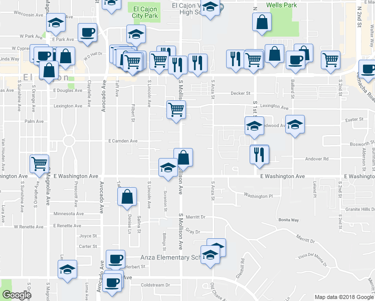 map of restaurants, bars, coffee shops, grocery stores, and more near 565 South Mollison Avenue in El Cajon