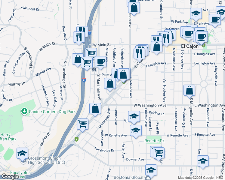 map of restaurants, bars, coffee shops, grocery stores, and more near 586 El Cajon Boulevard in El Cajon