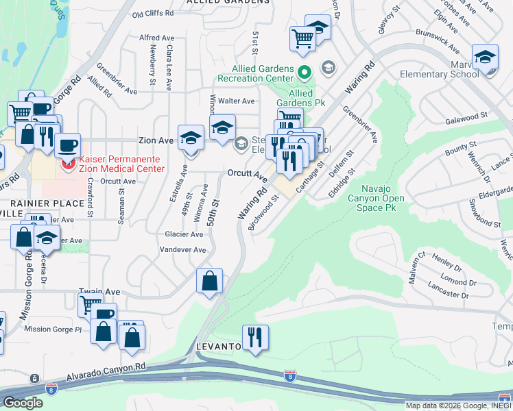 map of restaurants, bars, coffee shops, grocery stores, and more near 5042 Waring Road in San Diego