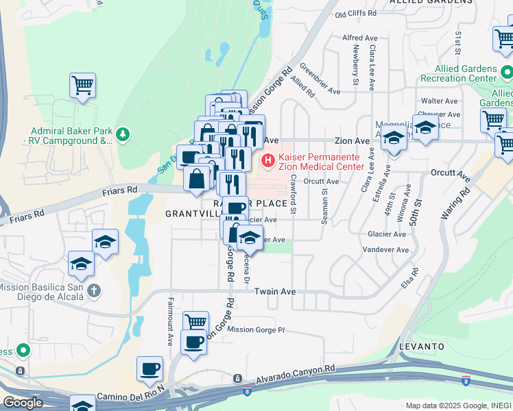 map of restaurants, bars, coffee shops, grocery stores, and more near 4511 Orcutt Avenue in San Diego