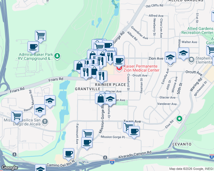 map of restaurants, bars, coffee shops, grocery stores, and more near 6401 Mission Gorge Road in San Diego