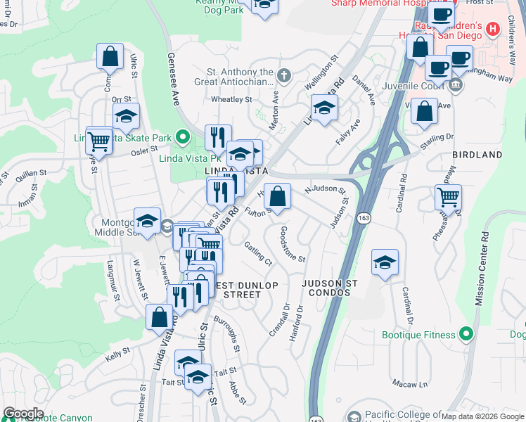 map of restaurants, bars, coffee shops, grocery stores, and more near 7219 Hyatt Street in San Diego