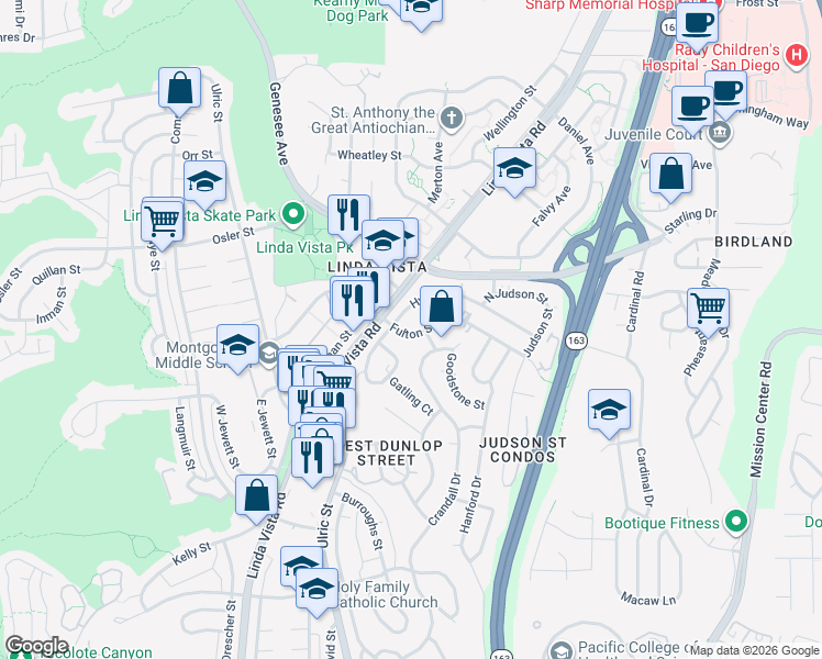 map of restaurants, bars, coffee shops, grocery stores, and more near 7219 Hyatt Street in San Diego