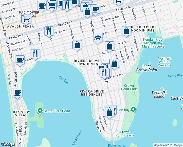 map of restaurants, bars, coffee shops, grocery stores, and more near 3892 Roosevelt Avenue in San Diego