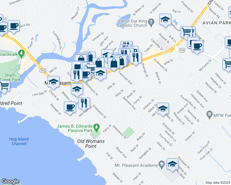 map of restaurants, bars, coffee shops, grocery stores, and more near 633 Ellis Street in Mount Pleasant
