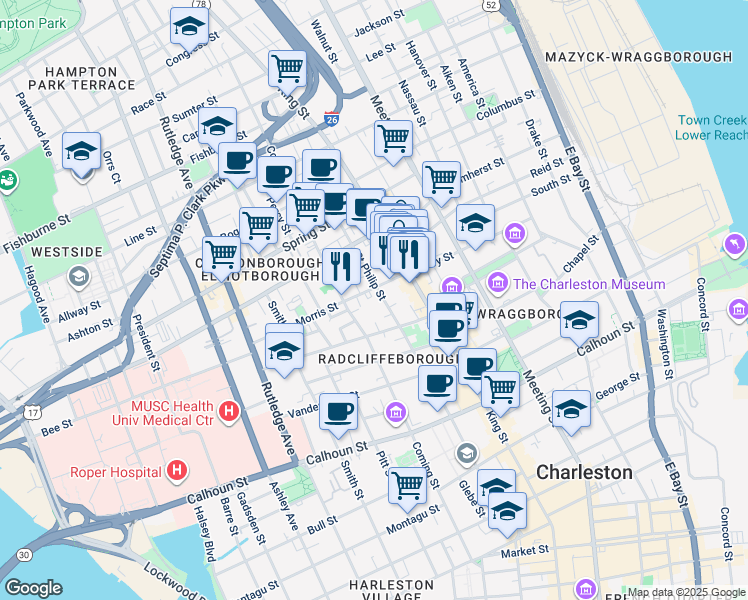 map of restaurants, bars, coffee shops, grocery stores, and more near 10 Morris Street in Charleston