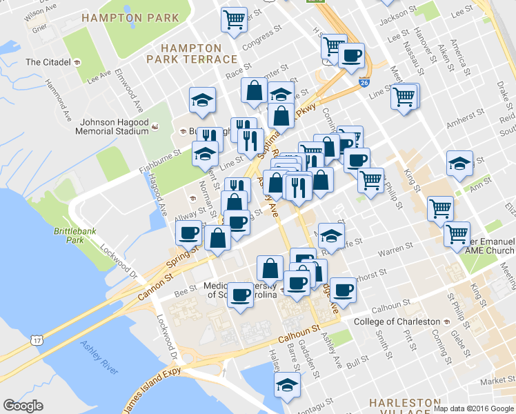 map of restaurants, bars, coffee shops, grocery stores, and more near 6 Rosemont Street in Charleston