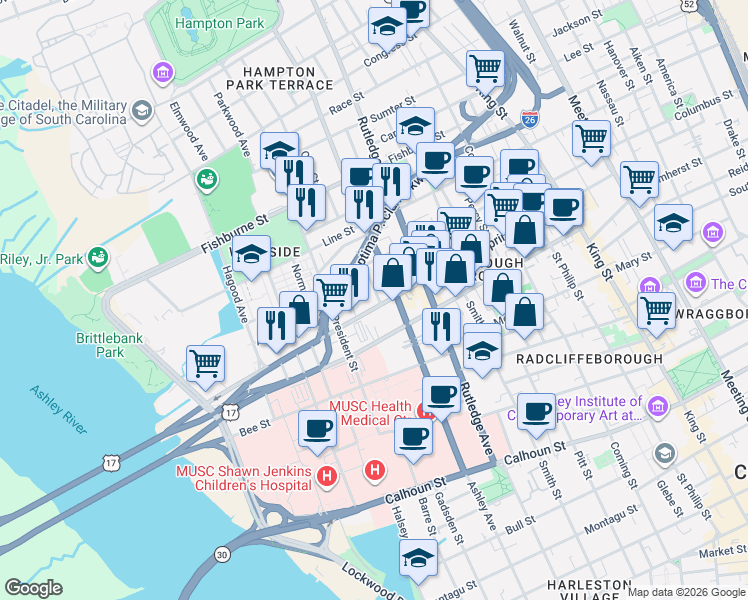 map of restaurants, bars, coffee shops, grocery stores, and more near 6 Rosemont Street in Charleston