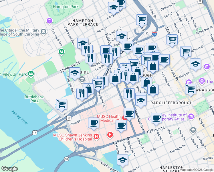 map of restaurants, bars, coffee shops, grocery stores, and more near 6 Rosemont Street in Charleston