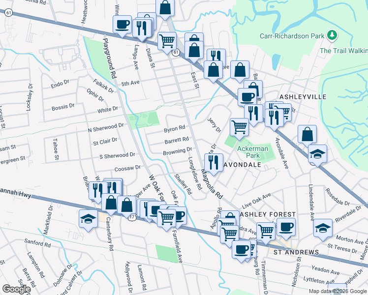 map of restaurants, bars, coffee shops, grocery stores, and more near 1115 Barrett Road in Charleston
